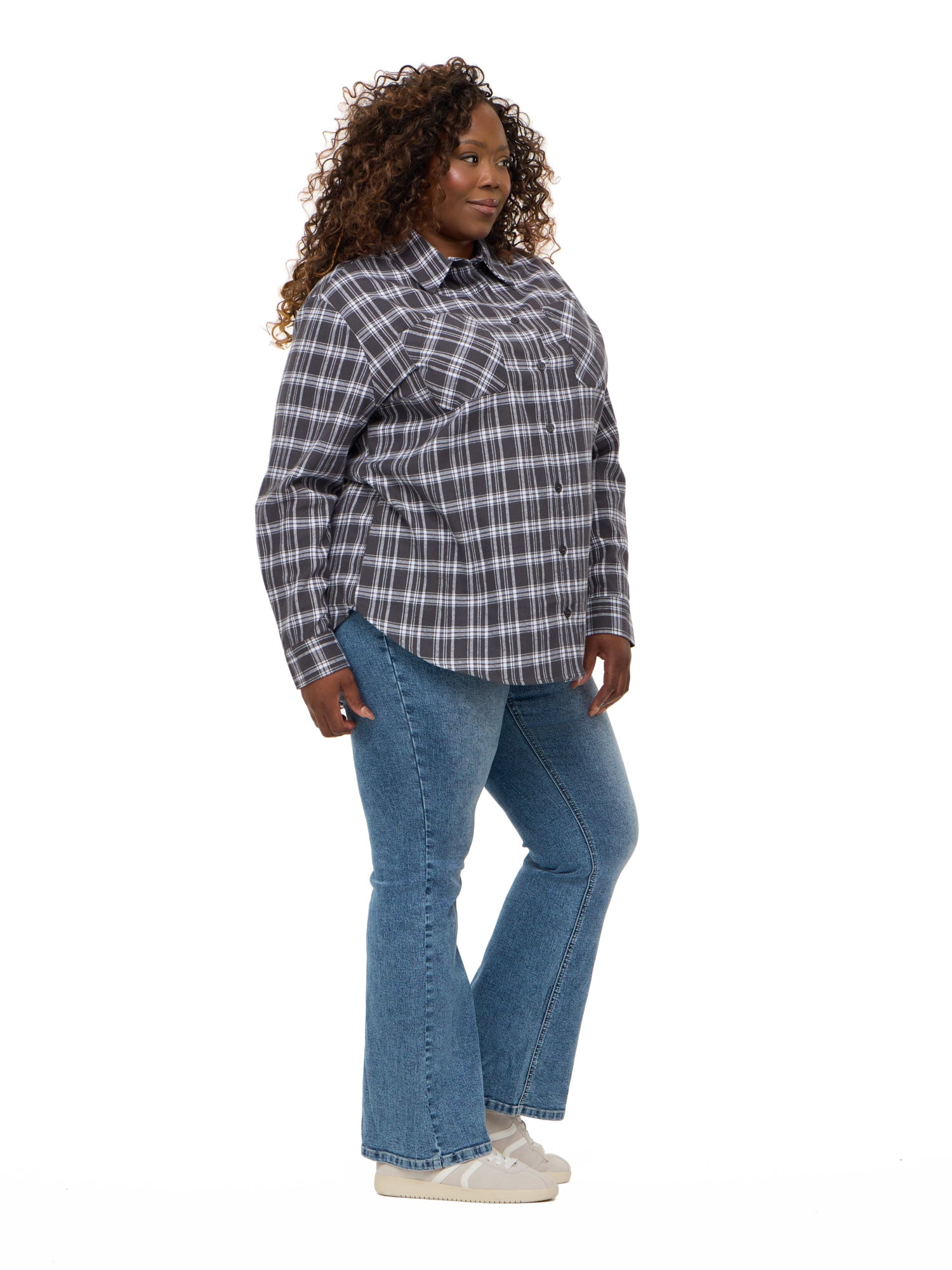 Forever 21 Women's Oversized Plaid Brushed Flannel Shirt with Patch Pockets, Long Sleeve 100% Cotton, Grey Plaid, XXS-4X