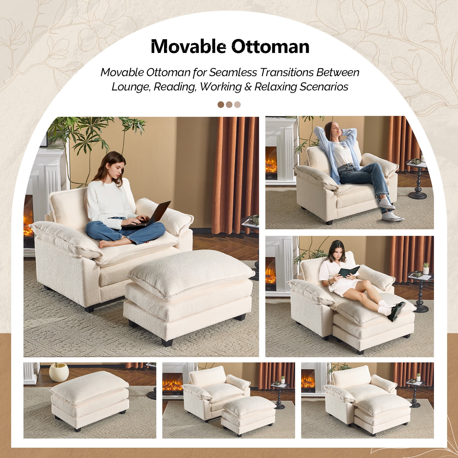 Zimtown Accent chair with Ottoman, Oversized Single sofa with Chaise for Convertible Teddy Velvet Fabric Sofa Set Living Room Furniture Teddy White