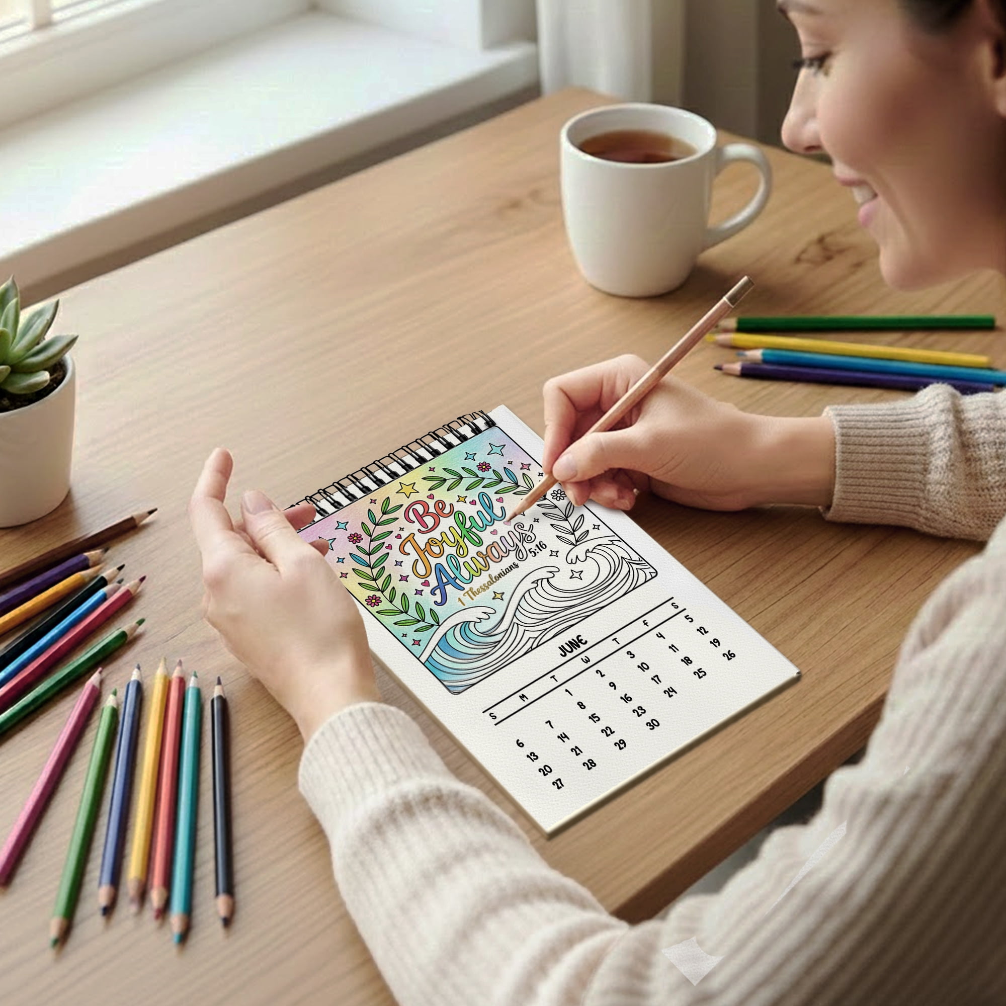 Bible verse Coloring Desk Calendar 2026–2027, A5 Wooden Cover Planner with 26 Easy Coloring Pages for Adult Relaxation, 24 Month Desktop Calendar with Stand, Gift for Family & Friends