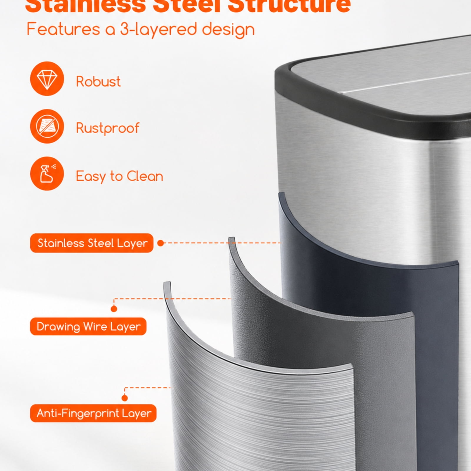 RUIE 12 Gal Stainless Steel Trash Can with Soft-Closing Wing Lids, Step Pedal Kitchen Trash Can with Removable Inner Bucket for Kitchen Living Room Office, Silver