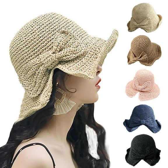 Foldable Wide Brim Floppy Straw Beach Sun Hat, Summer Cap with Bowknot for Women Girls, Strap Adjustable
