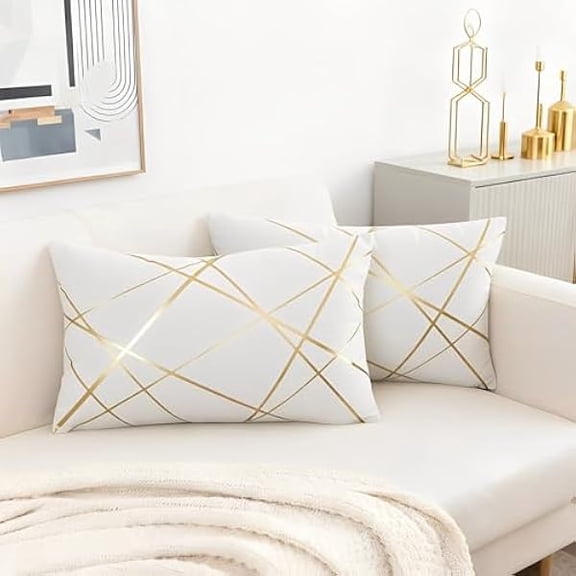 Eryueer Rectangle Cushion Covers Velvet Decorative 30 x 50 cm White Throw Pillow Covers Gold Striped Cushion Case Soft Lumbar Couch Pillowcases for Sofa Living Room Bedroom Sets of 2