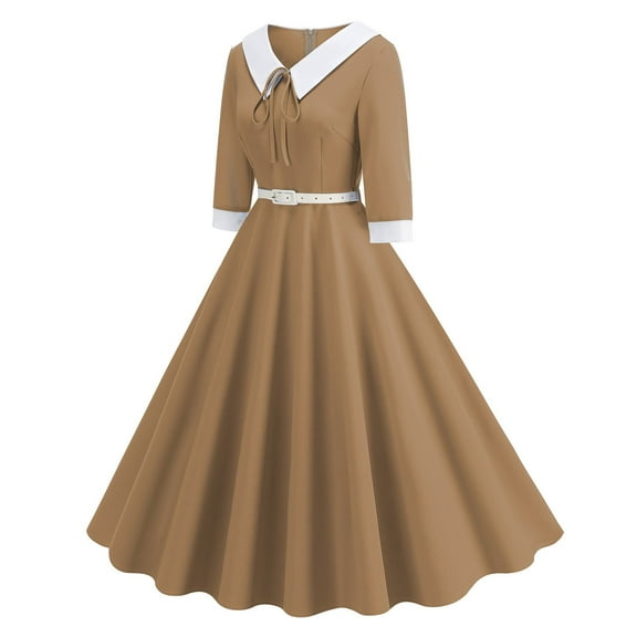 Blmnix Elegant Valentine Party Dresses for Women Long Pleated Fit & Flare Dress Yellow Tie Neck Elbow-Length Winter Skirts for Women,M