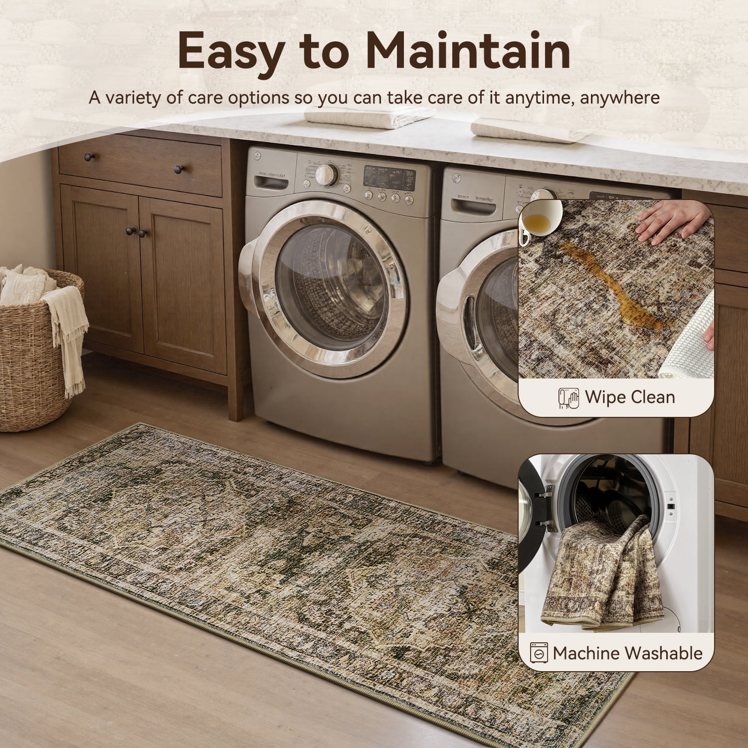 SIXHOME 3-Piece Kitchen Rugs and Runner Set Washable Vintage Kitchen Mat Non-Slip Low-Profile Rugs for Kitchen Sink Laundry Bedside 20"x32"+20"x48"+20"x59" Brown