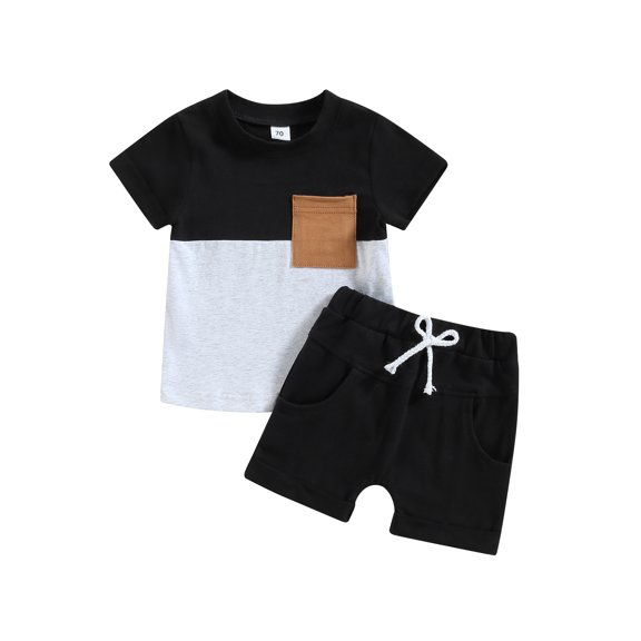 LMLYSoH 2Pcs Toddler Boy Summer Outfits, Short Sleeve Contrast Color T-Shirt Pocket Shorts Set