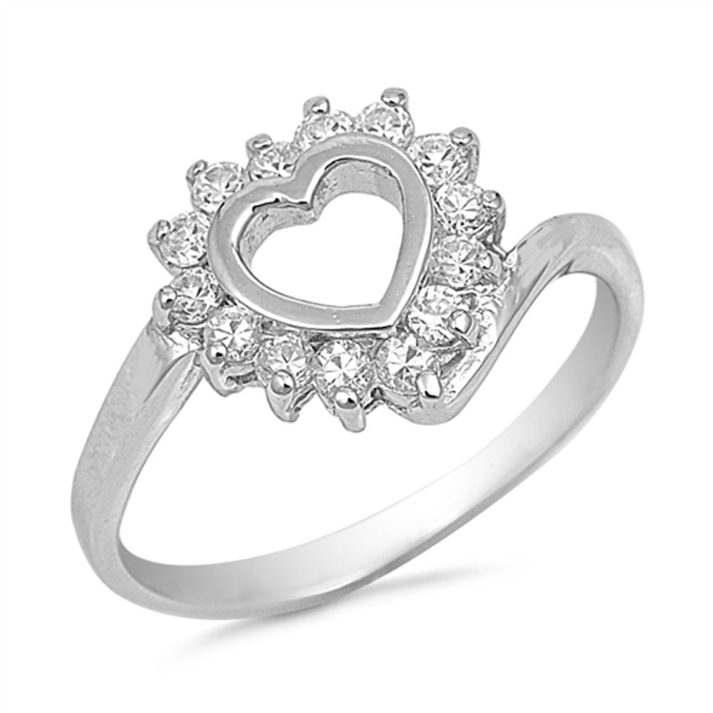 Clear CZ Polished Heart Cutout Love Ring New 925 Sterling Silver Band Sizes 5-9