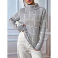 thumbnail image 6 of Women Fall High Neck Plaid Sweater Long Sleeve Loose Casual Chunky Checked Knit Winter Sweaters Jumper Tops Gray M, 6 of 10