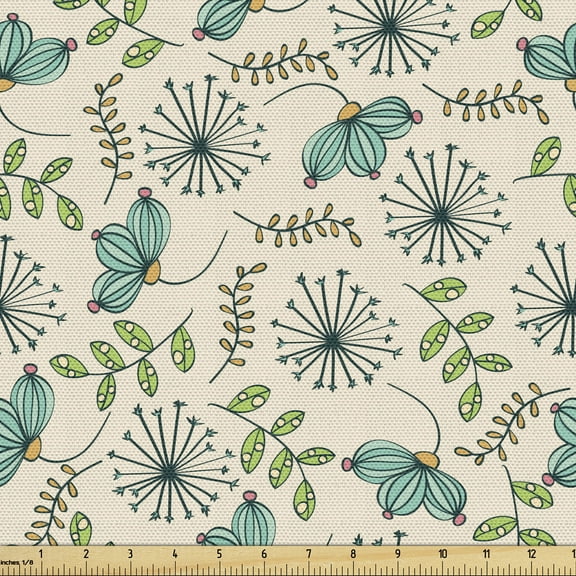 Ambesonne Dandelion Fabric by the Yard Upholstery, Botanical Leafy Doodle, 5 Yards, Champagne and Multicolor