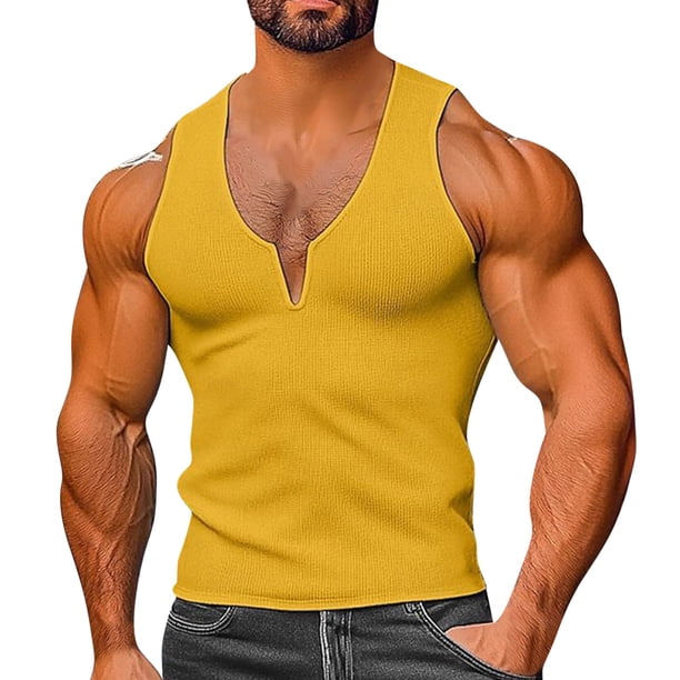 Camiseta sin mangas con cuello en V para hombre, de verano, de punto, para fitness, de color liso, informal, sin mangas, con cuello en V en forma de I, sin mangas