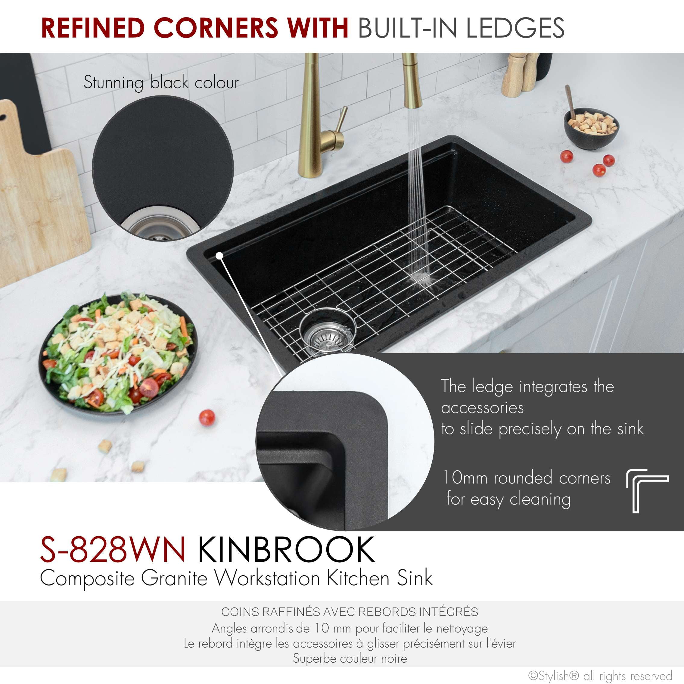 Stylish Dual Mount 28" Black Composite Granite Single Bowl Kitchen Sink with 4 accs S-828WN