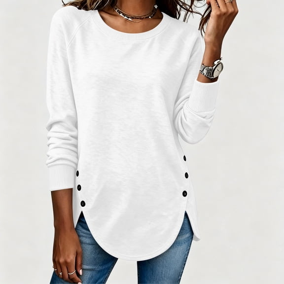 Hurxie Womens Casual Long Sleeve Tunic Tops Round Neck Shirt Button Side Basic Tees Wearring with Leggings
