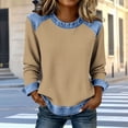 thumbnail image 1 of TaTaai Fashion Casual Women Top Denim Patchwork Waffle Solid Color Crew Neck Long Sleeve Loose Fit Soft Breathable Daily Street Office Wear Blouse Gift, 1 of 6