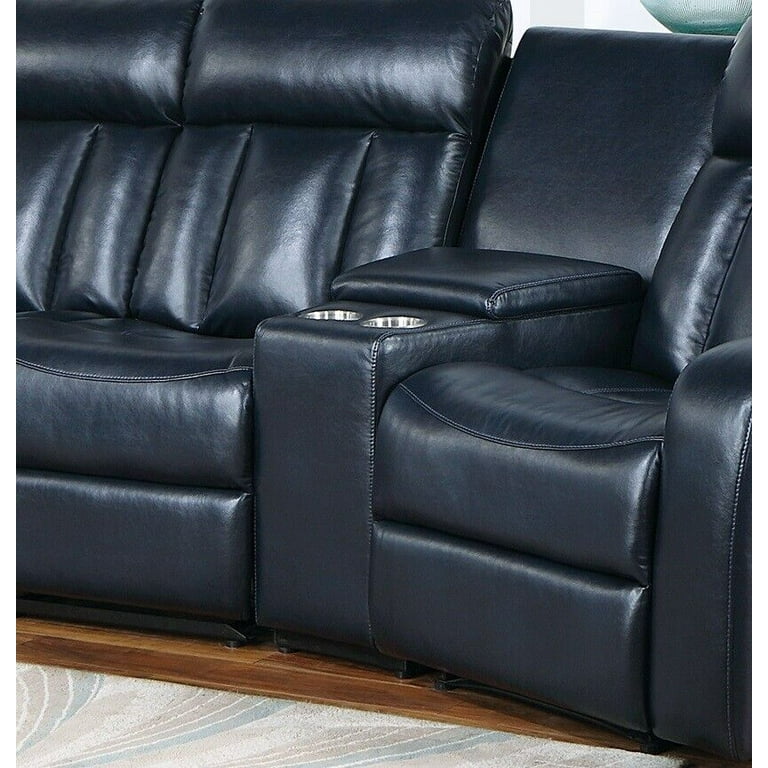 Home Theater Sectional Manual Reclining Couch Consoles Recliner Chairs Loveseat Gel Leatherette Navy Blue Living Room Furniture