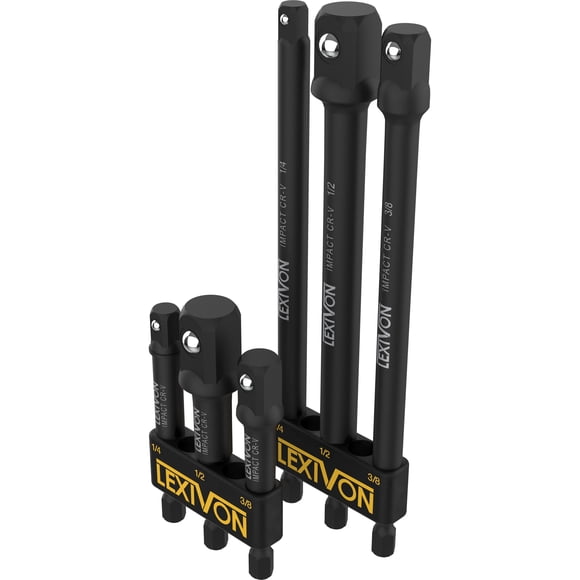 LEXIVON Ensemble d'Adaptateurs de Douille de Qualité Impact, 6 Pcs - Embout d'Extension 3 Pouces et 6 Pouces avec Support / Entraînement 1/4 Pouces, 3/8 Pouces et 1/2 Pouces, Adaptez Votre Perceuse Électrique à un Impact à Couple Élevé