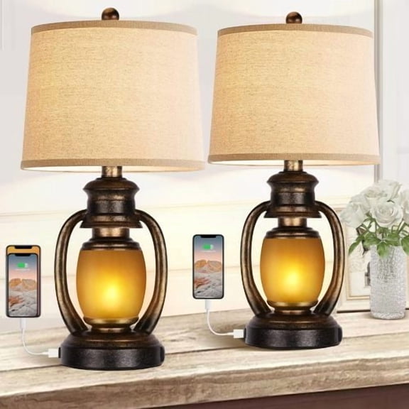 Table Lamps Set of 2 with USB Ports & AC Outlet, Rustic Farmhouse Nightstand Lamps with Night Light | Vintage Miner Lantern Design for Bedroom, Living Room, Cottage, Black