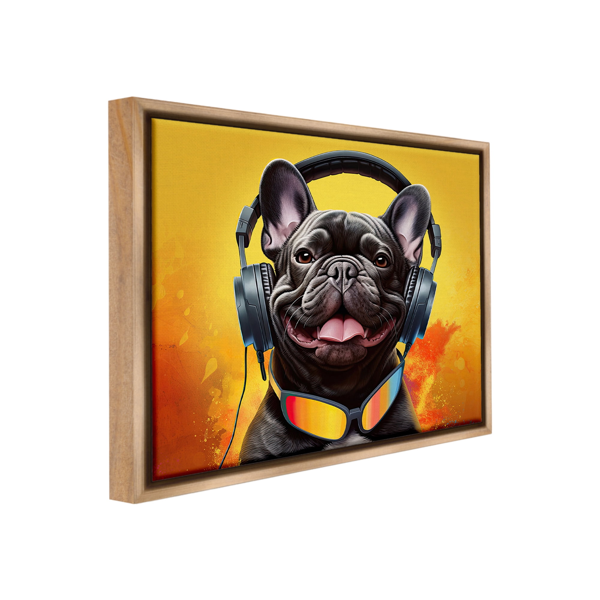 Stupell Industries Modern Dog with Headphones Animals & Insects Painting Brown Floater Framed Canvas Art Print Wall Art, 31 x 25