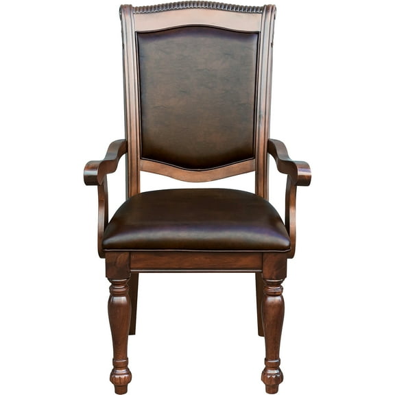 2 Arm Chairs For Dining, Traditional, Brown Faux Leather Upholstery, Cherry Finish Wood Frame 2pc Dining Armchairs,