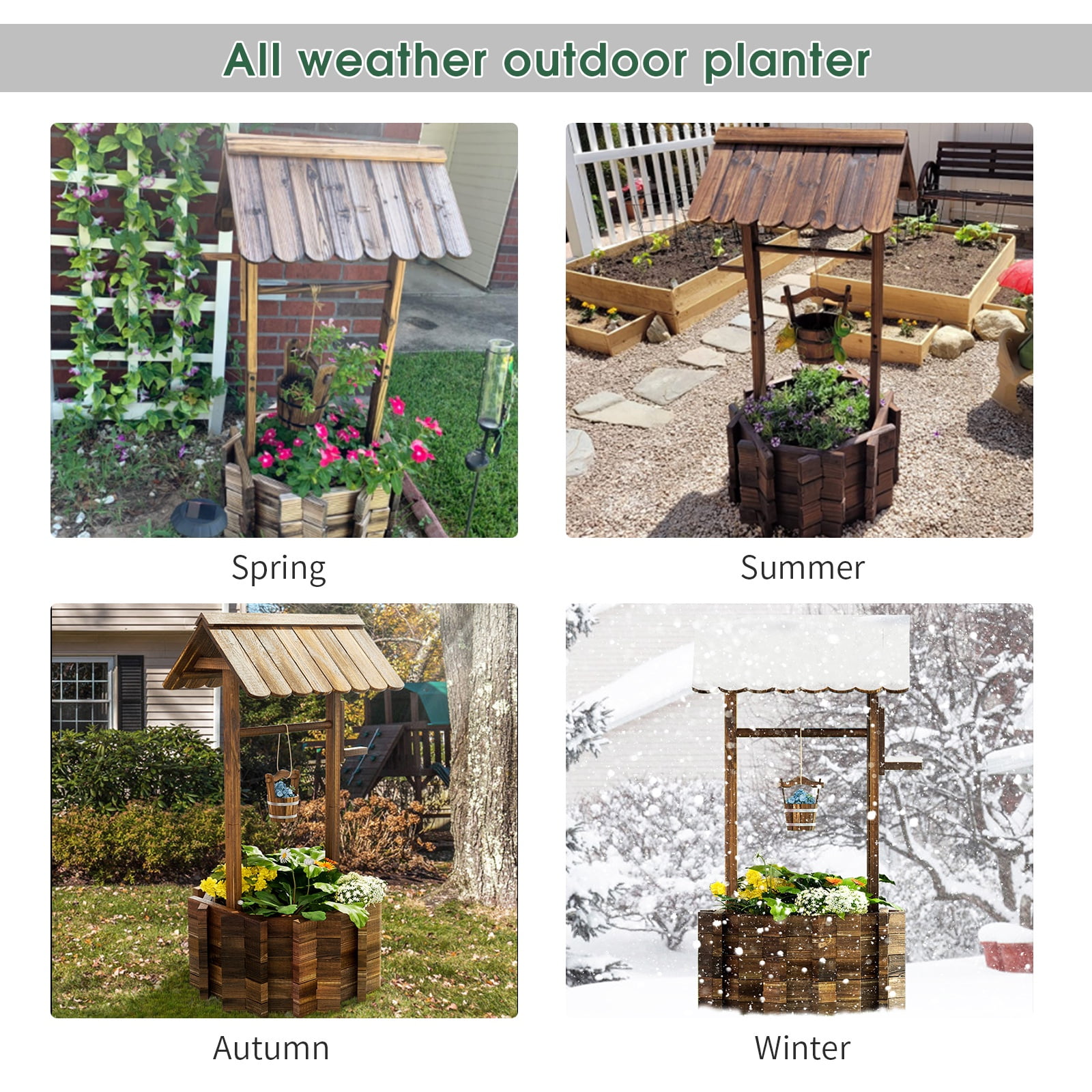 Bapipro Big Wishing Well Planter with Hanging Bucket for Flower and Plants, Wooden, Brown