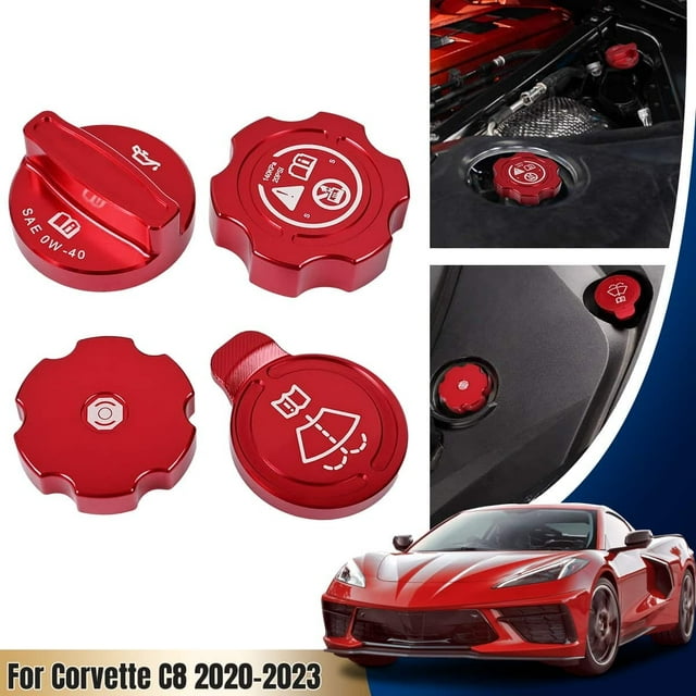 ALLTIMES 4PCS Engine Oil Cap Radiator Cap Washer Cap Brake Fluid Cap Cover Trim for Corvette C8 2020-2023, 6061 Aluminium Alloy