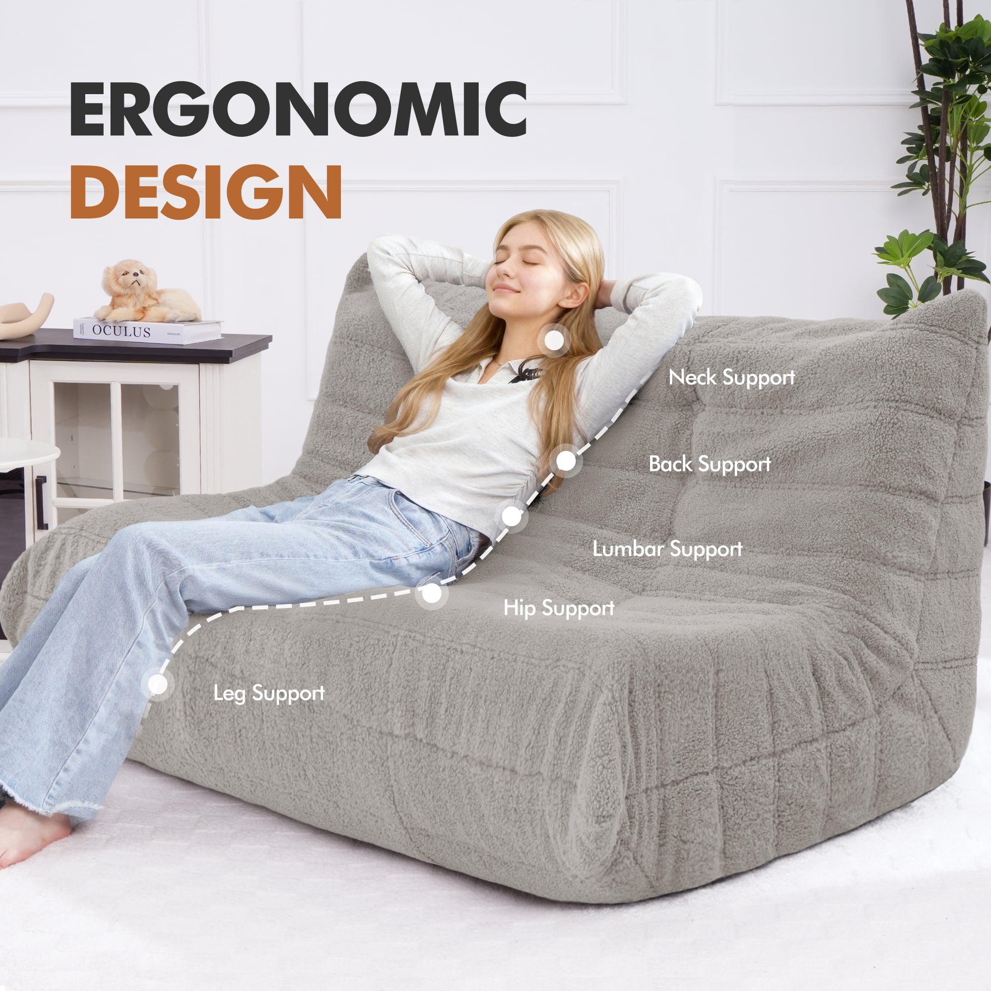 HARIPUL Bean Bag Loveseat Chair, Memory Foam Filled Teddy Fabric Sofa for Adults, Fireside Lounge Chair for Home, Apartment or Gaming Room, LightGrey