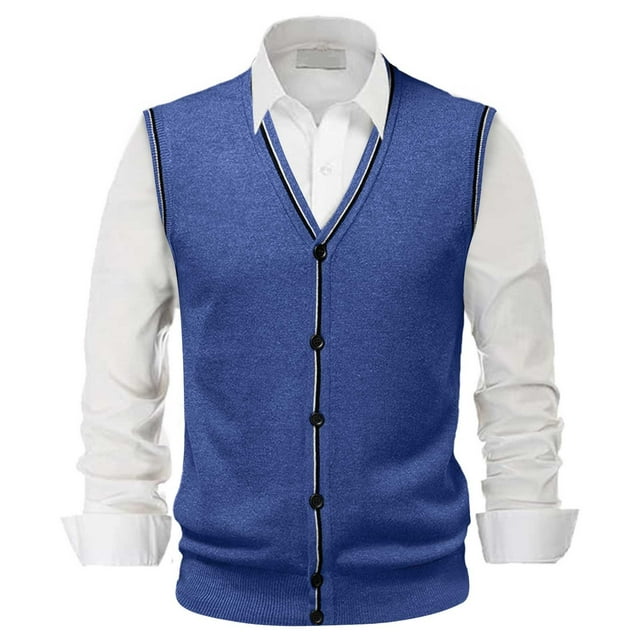 Chaleco de lana con cuello en V y hebilla para hombre - Color liso, sin cuello, ideal para citas o trabajo - Para todas las estaciones (M-XXXL)