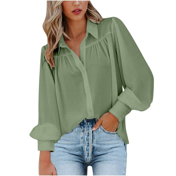 RKSTN Fashion Tops for Women 2023 Long Sleeve Solid Color Turndown Collar Buttons Lantern Sleeve Tops Blouse