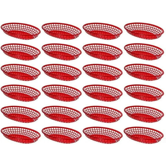 TrueCraftware-Set of 24 Red Plastic Oval Fast Food Baskets 9 3/8" X 5-3/8"- Oval Shaped Tray for Fast Food Restaurant Supplies Deli Serving Chicken Burgers Sandwiches & Fries