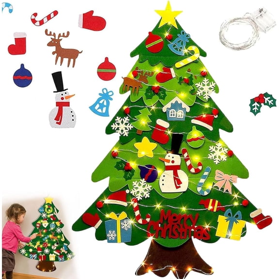 Montessori Felt Christmas Tree for Toddlers,3D DIY Wall Christmas Tree with 32 Ornaments and 9.8/16.4ft String Lights,Indoor Xmas Decorations Party Supplies Felt Craft Kits Home Decor Kids Gifts