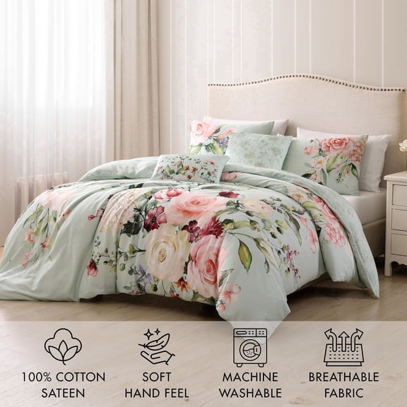 Bebejan Rose On Misty Green 5 Piece Comforter Set, Queen, 100% Cotton Sateen, Reversible, All Season, Cozy Comfort