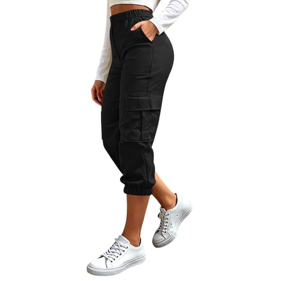 Lzobxe Fashion Plus Size Capris for Women Casual Color Elastic Loose Pants Straight Wide Leg Trousers with Pocket Cropped Pants for Women,Sizes S-2XL