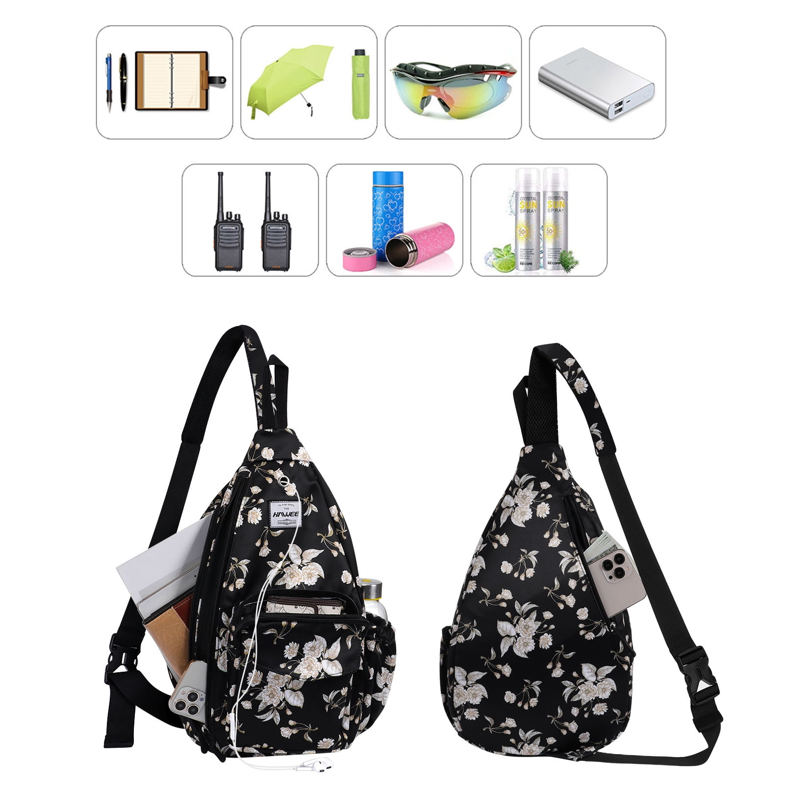 HAWEE Rope Sling Bag for Women and Men Casual Cross Body Backpack Adjustable Anti-slip Strap/ Bottle Pocket/ Earphone Hole for Travel Hiking Sports, Beige Flower