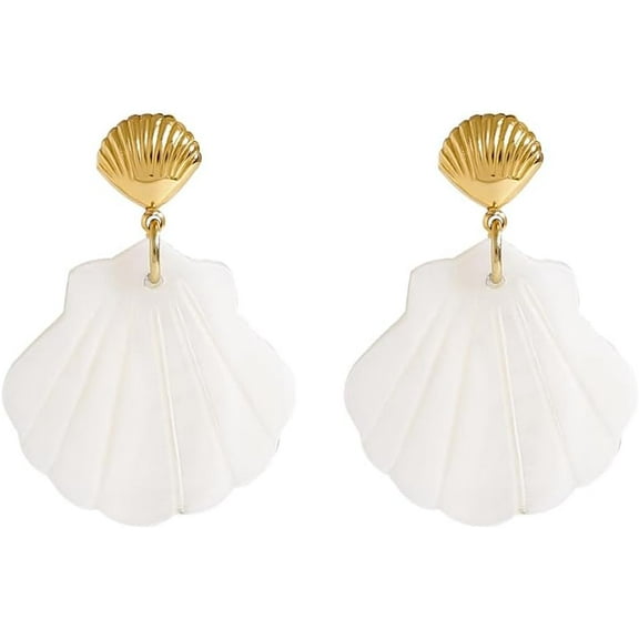 Seashell Dangle Earrings for Women 18K Gold Plated Stainless Steel Ocean Stud Earrings Dainty Beach Charms Drop Jewelry Hypoallergenic Nautical Fashion for Summer Vacation Everyday Wear