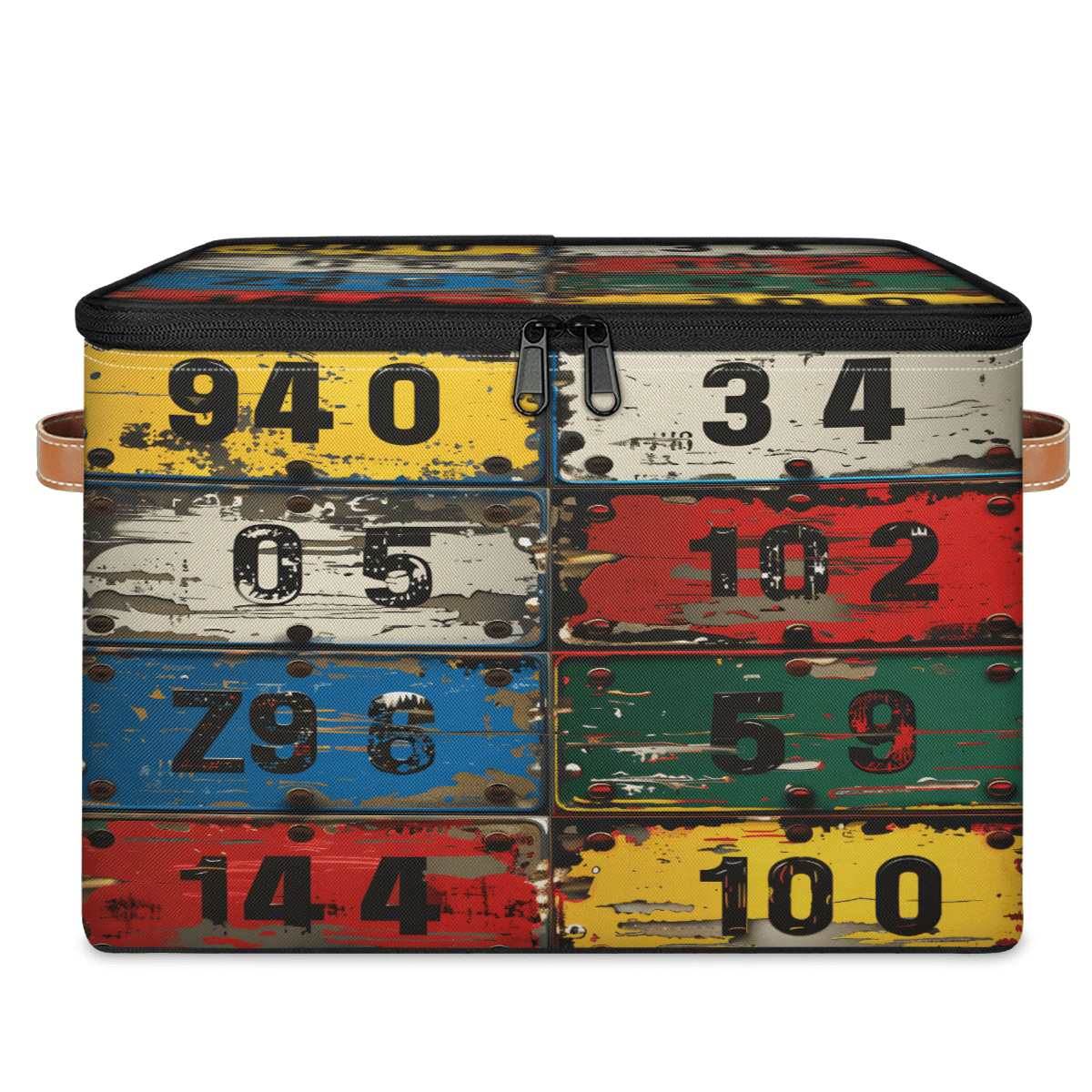 CURLYOOT Vintage License Plate Numbers Fabric Storage Bins with Lids, Foldable Storage Boxes Washable Storage Cube, Closet Bedroom Home Organizer Containers with PU Leather Handles