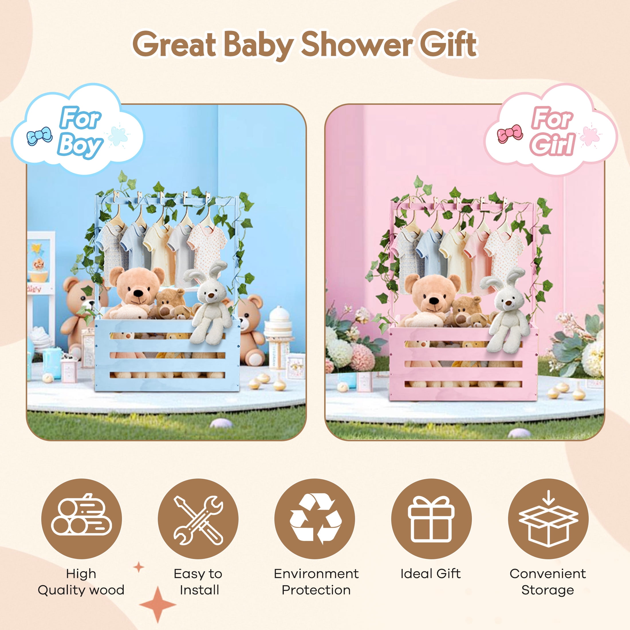 Onekawa Baby Shower Crate Closet with Handle, Basket with Hanger and Garland, Personalized Wooden Baby Box with Handle, Storage Basket for Newborn Essentials,Pregnancy Gift for New Parents
