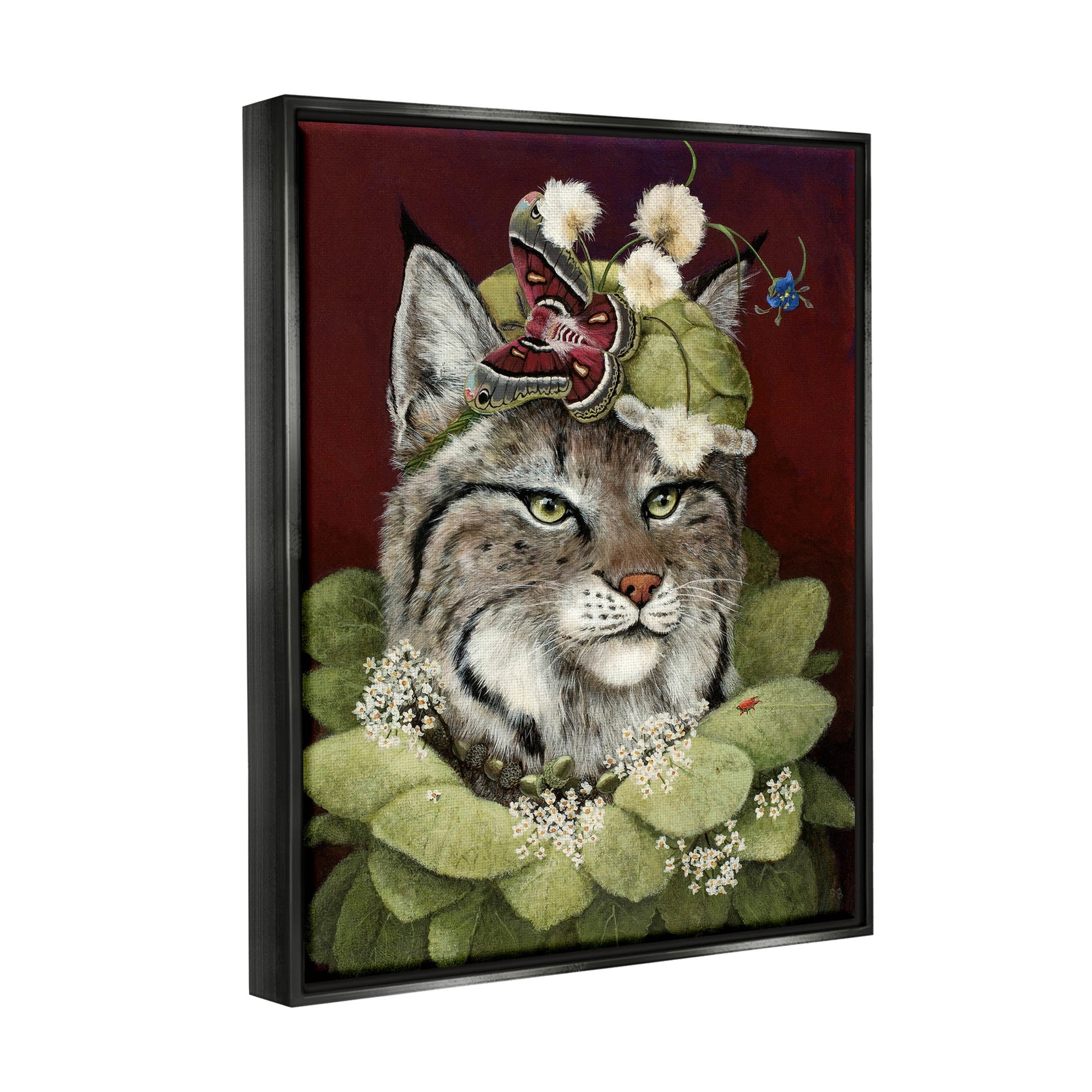 Stupell Industries Bobcat Wearing Leaf Outfit Painting Jet Black Floating Framed Canvas Print Wall Art, Design by Carolyn Schmitz
