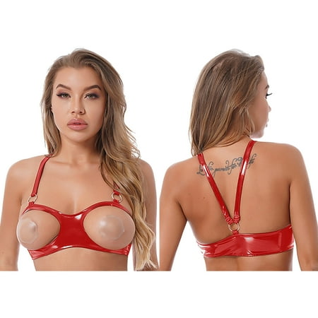 CHICTRY Womens Patent Leather Open Cups Bra Halter Neck O Ring Underwire Bralette Exotic Lingerie Underwear Red XL