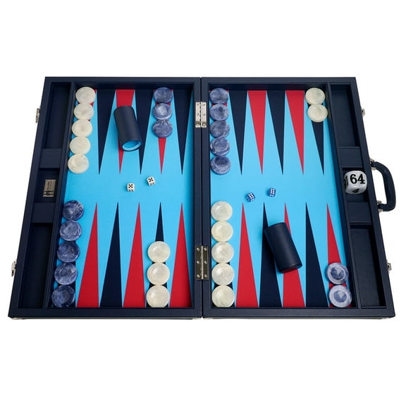 Wycliffe Brothers 24-inch Backgammon Set with 2-inch Checkers - Blue Case with Light Blue Field - Club Class