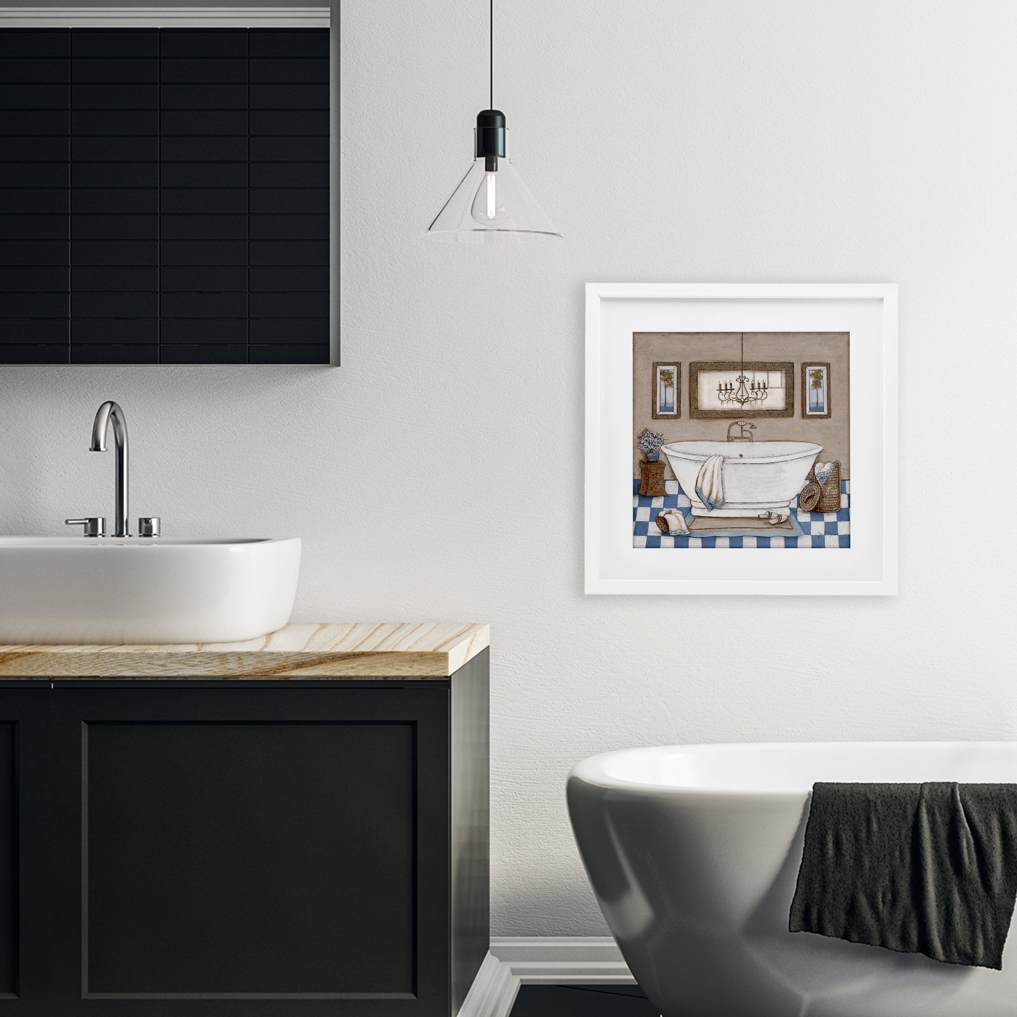 Stupell Industries Checkered Bathroom & Chandelier White Framed Print Under Glass, design by Janet Tava