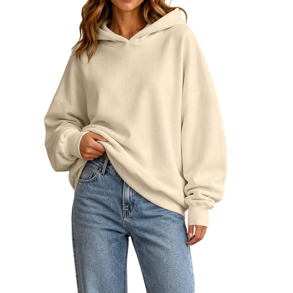 Edvintorg Oversized Hoodies for Women Solid Color Long Sleeve Casual Pullover Top Hooded Sweatshirt Clothes for Women Khaki S-2XL