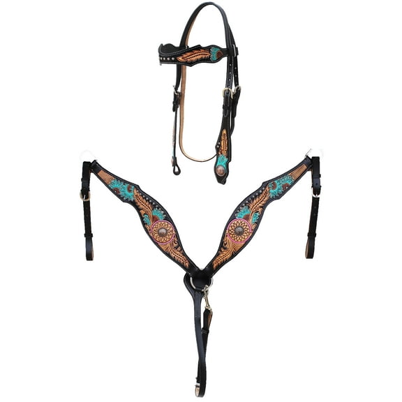 Horse Western  Dreamcatcher Sunflower Tooled Headstall Bridle & Breast Collar Set 78FK14B