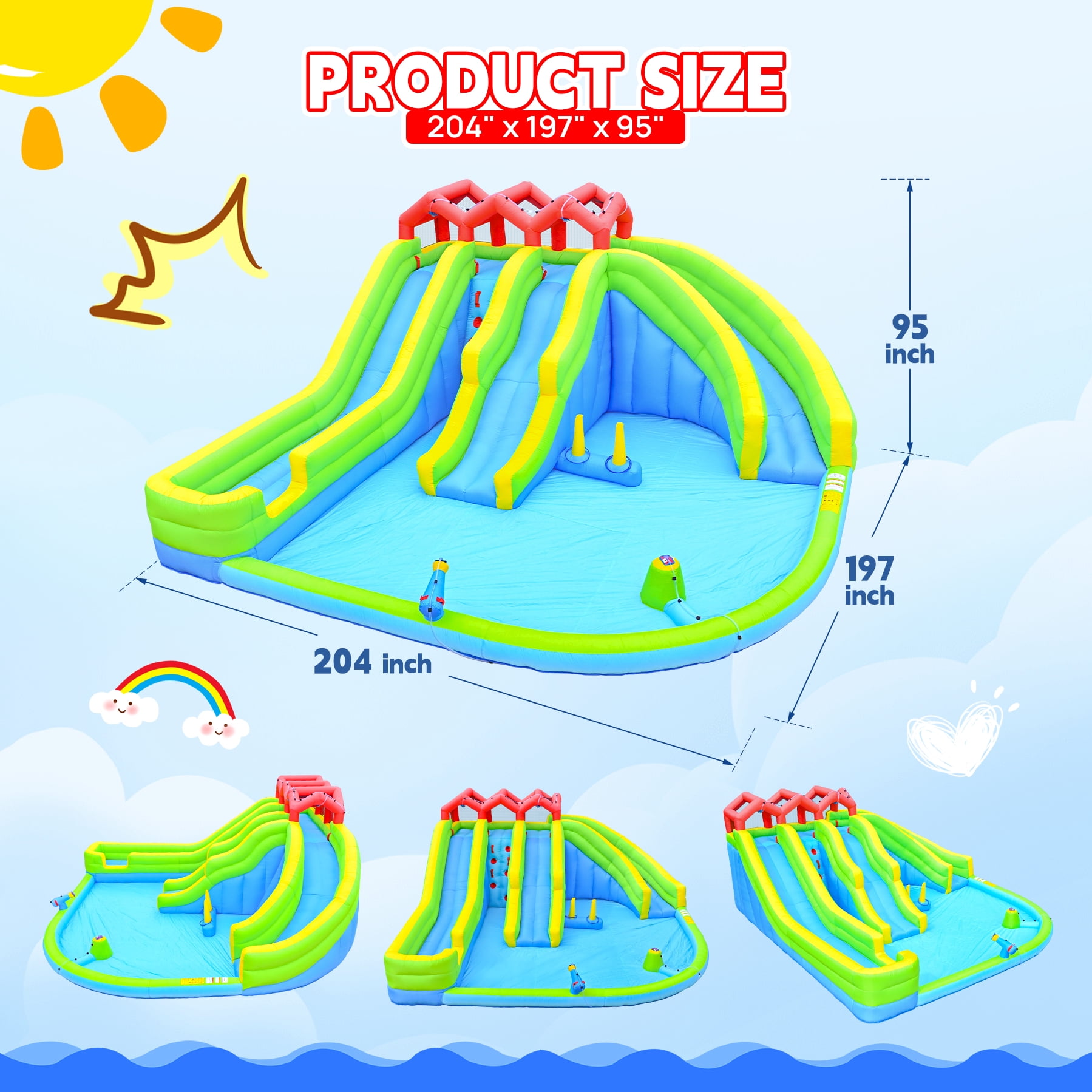 Ambifirner 7 in1 Inflatable Water Park with Blower and Ground Stakes，Three Slide Bouncy Castle for Backyard