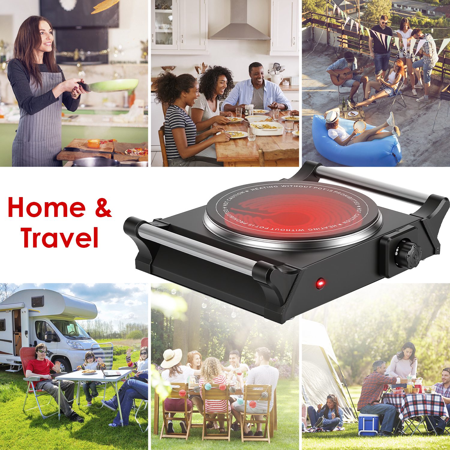 1000W Portable Electric Hot Plate with Adjustable Temperature, Handles, for Home, RV, or Countertop Cooking