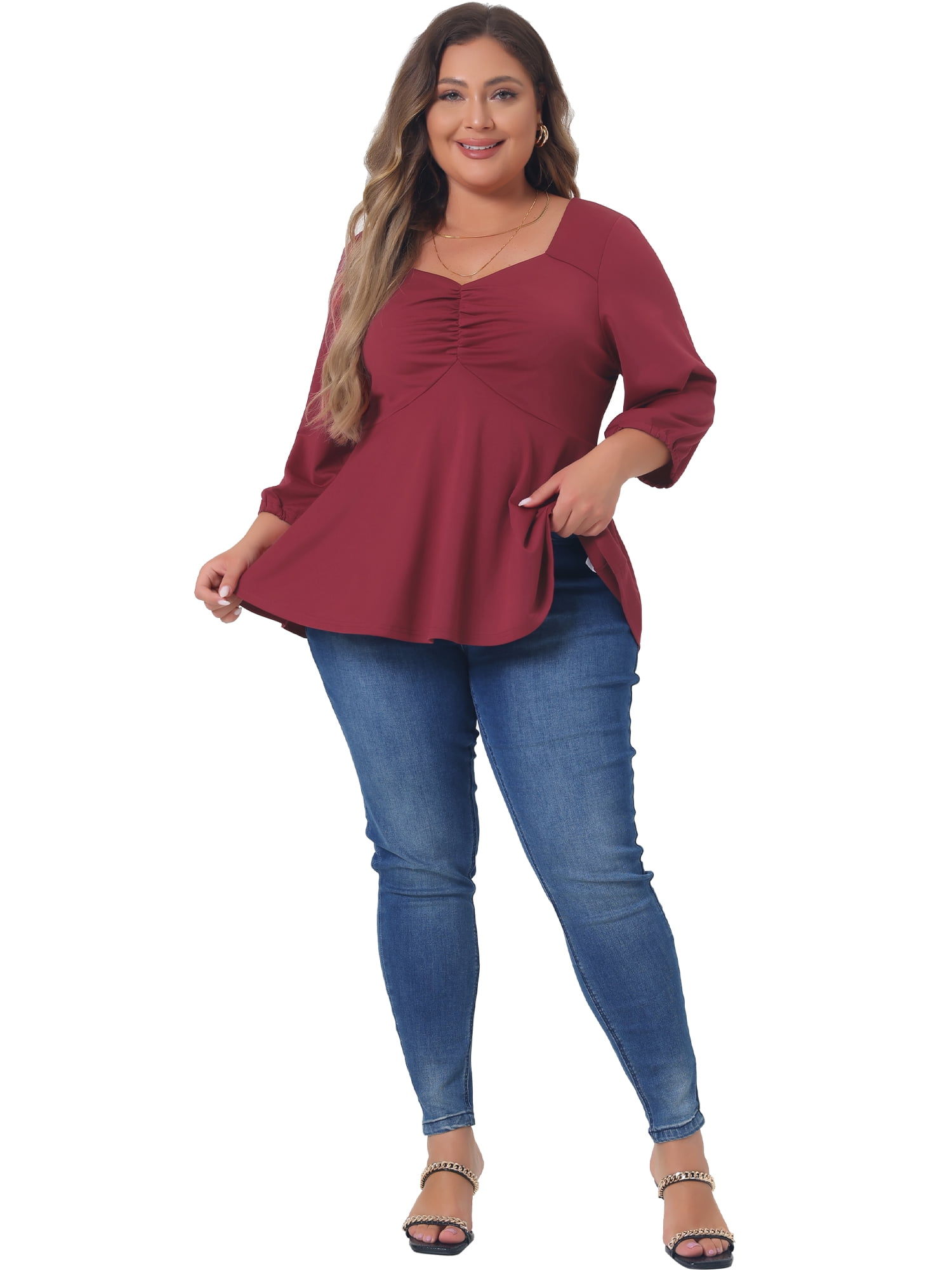 Unique Bargains Women's Plus Size Blouse Sweetheart Neck Elbow Sleeve Peplum Tops 2X Burgundy