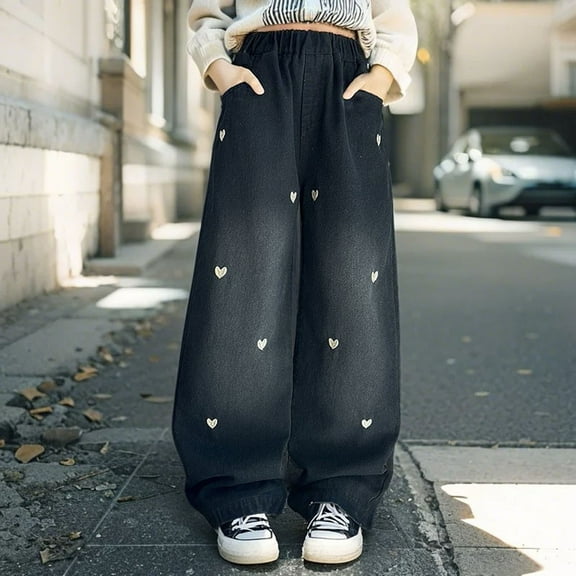 XIMIN Girls Side Butterfly Print Jeans Denim Elastic Wasit Wide Leg Baggy Pants Casual Comfortable Outdoor Straight Leg Pants with Pockets 4 14 Years (9-10 Years, Black)