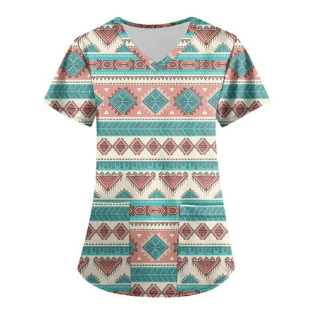 

Apepal Women Ethnic Printed Short Sleeve V-neck Scrub Tops Working Pocket Blouse
