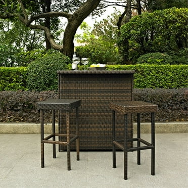 Sophisticated Outdoor Resin Wicker Bar Set - Sleek Design, Ample Storage - Durable Steel Frames - Weather Resistant - Bar & Two Stools