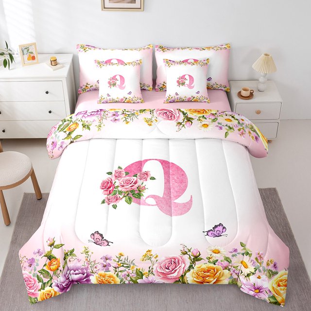 Erosebridal Ensembles de Literie à Lettres Format Simple pour Ados, Ensembles de Douillette à Motif de Roses avec Draps, Décoration de Chambre Papillon, Réversible, Respirant, 7 Pcs
