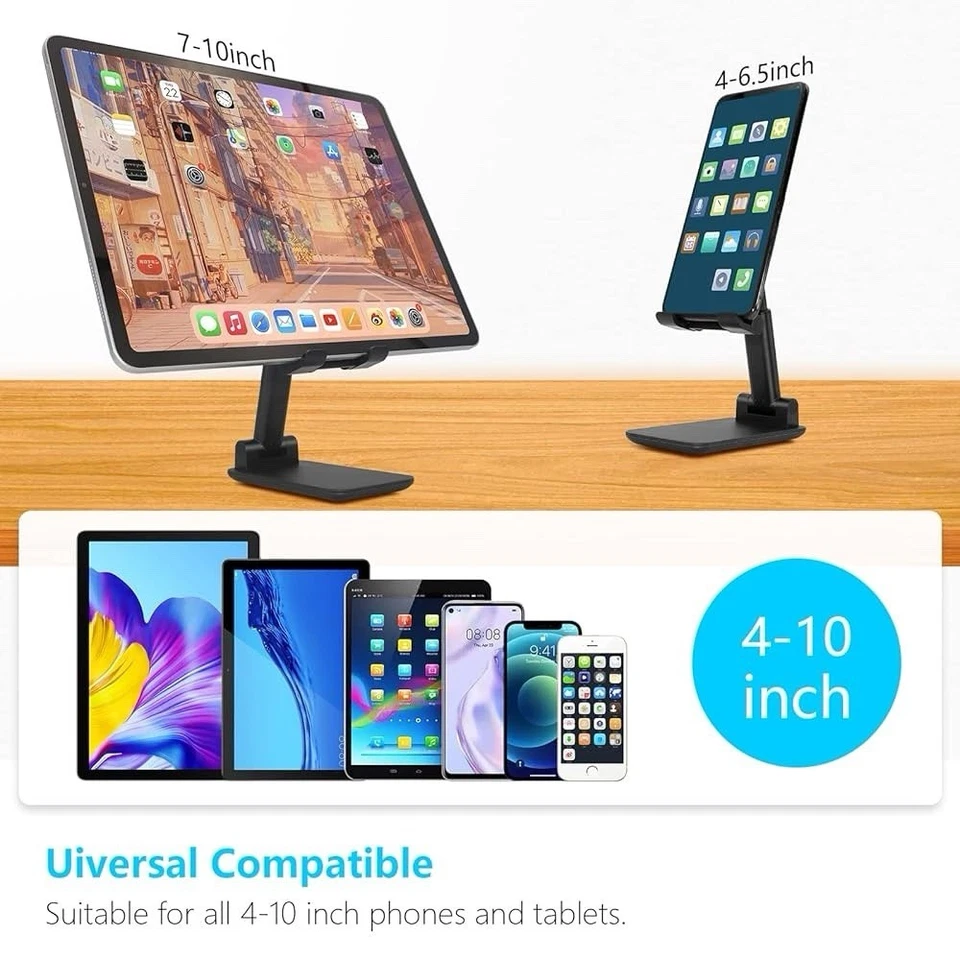 Folding Phone Stand – Adjustable Height & Angle, Fits 4–10” Phones/Tablets