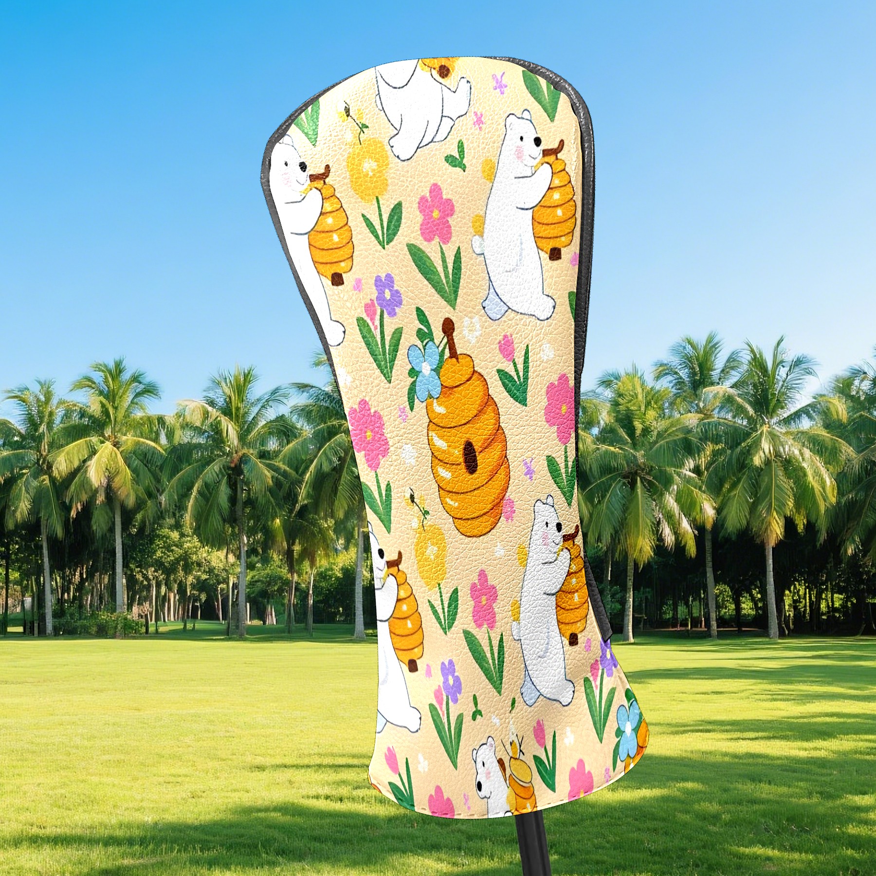 Golf Club Covers, Yellow PolarBearPumpkin Premium PU Leather Driver Hybrid Putter Head Covers with Velvet Lining, Waterproof Golf Gifts for Men Women