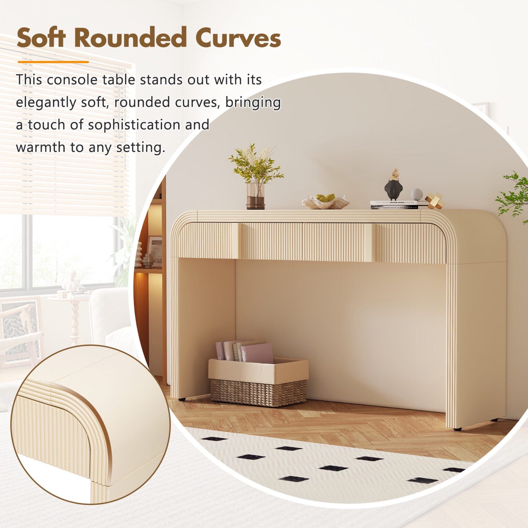 Smooth Surface Console Table, Unique Modern Rounded Silhouette  Table Console with 2 Drawers, Tall Console Table for Living Room and Entryway, Apricot Cream